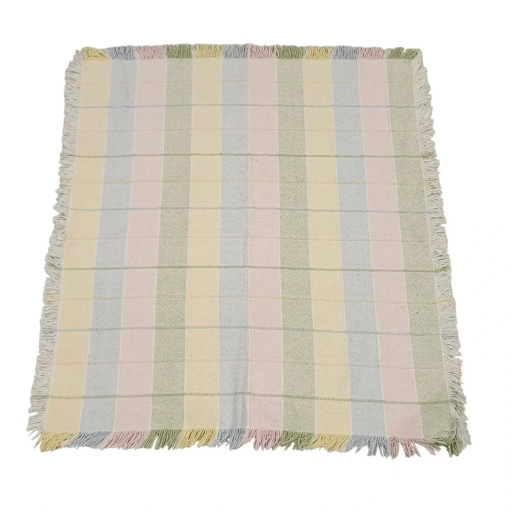 Vintage Plaid Woven‎ Throw Blanket Pastel Fringe Trim Cottagecore Nursery